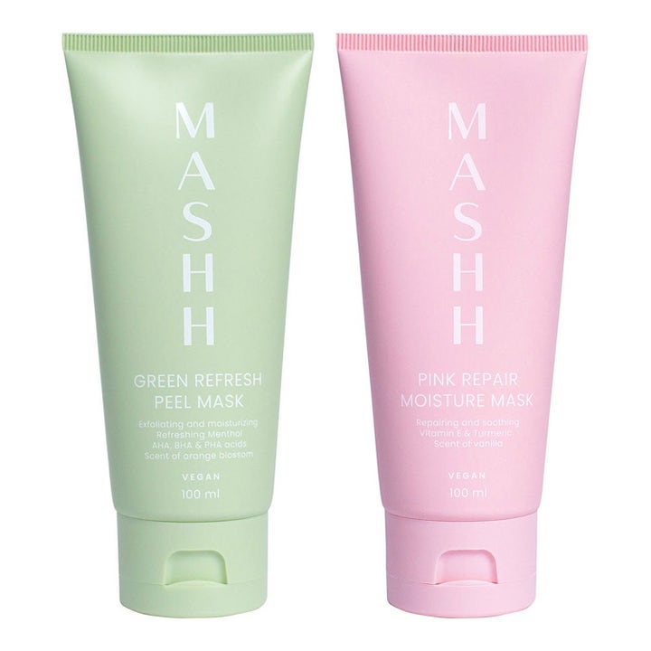 MASHH Green Refresh og Pink Repair 100 ml ansigtsmasker i lysegrøn og lyserød tube der eksfolierer og fugter