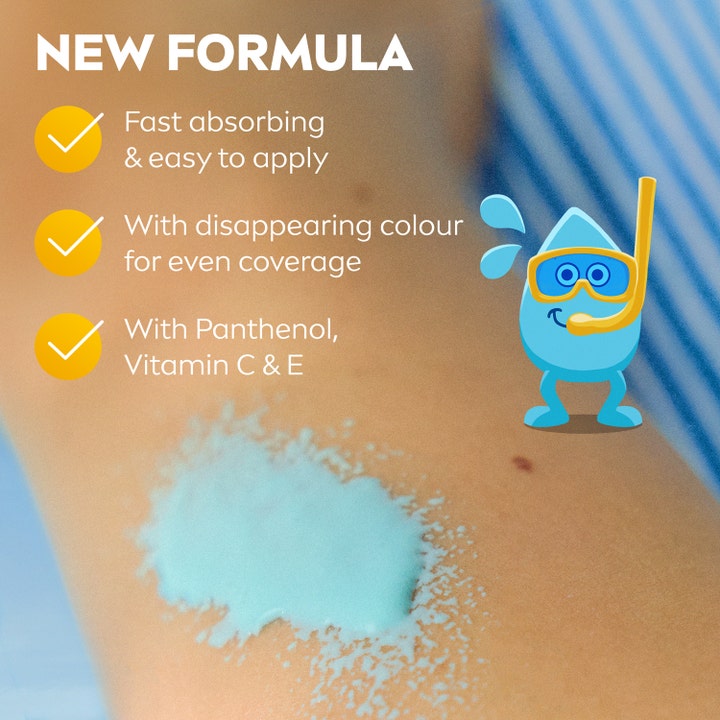 NIVEA Sun Protect & Care Kids Spray 200 ml solcreme til børn med SPF 50 viser lyseblå tekstur der forsvinder på huden