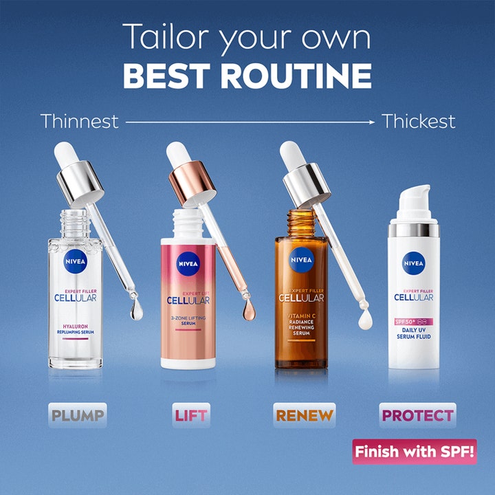 NIVEA Cellular Expert Filler Daily UV Fluid 30 ml solbeskyttelse i hvid pumpeflaske som det beskyttende trin i en rutine