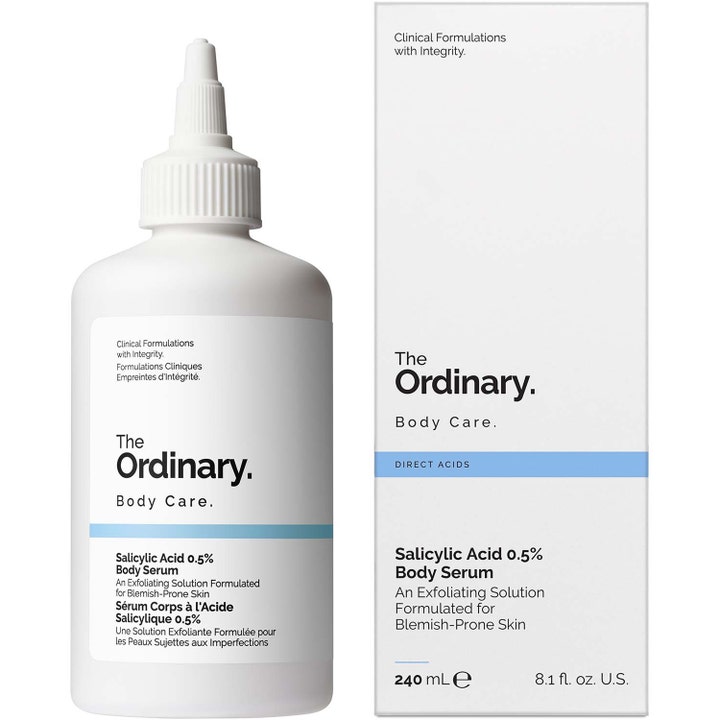 The Ordinary Salicylic Acid 0.5% Body Serum 240 ml eksfolierende kropsserum i hvid flaske med matchende æske