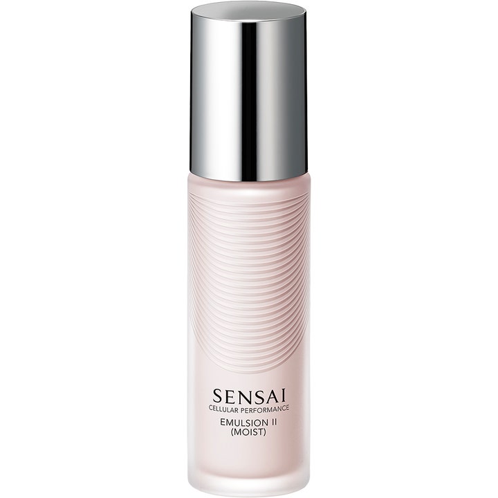 Sensai Cellular Performance Emulsion II 50 ml fugtgivende ansigtsemulsion i lyserød flaske med riller og sølvfarvet låg