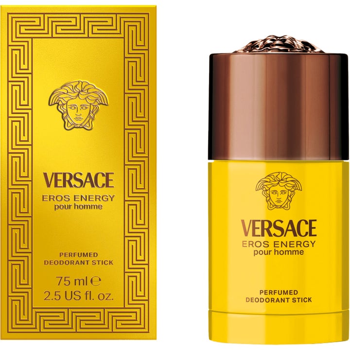 Versace Eros Energy Deo Stick 75 ml herredeodorant i gul emballage med bronzefarvet låg og Medusa-logo
