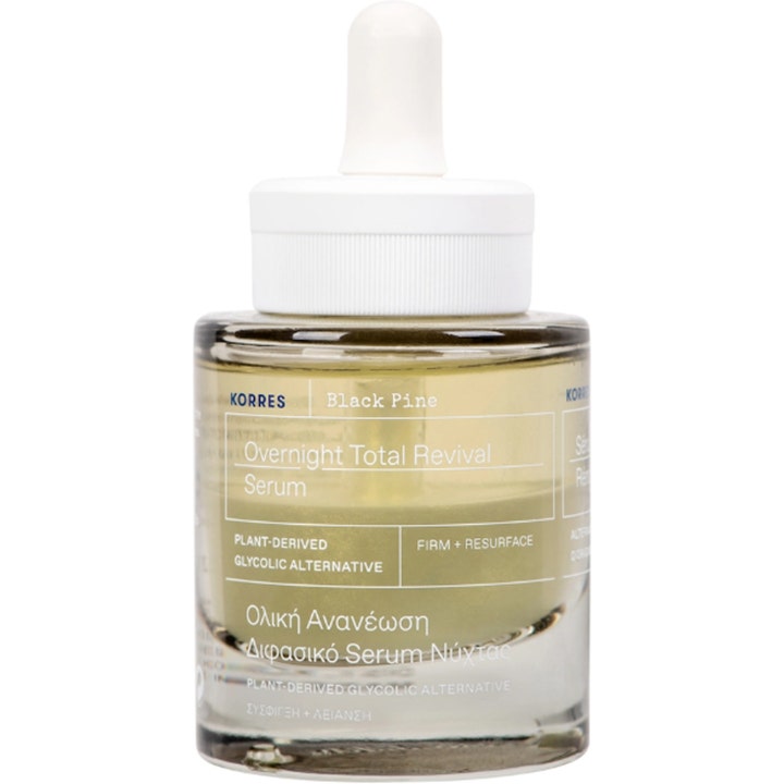 Korres Black Pine Overnight Total Revival Serum opstrammende ansigtsserum i glasflaske med hvid pipette