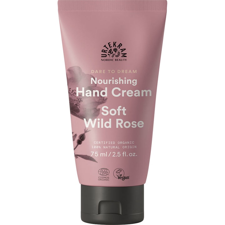Urtekram Soft Wild Rose Nourishing Hand Cream 75 ml i støvet rosa tube der plejer tørre hænder