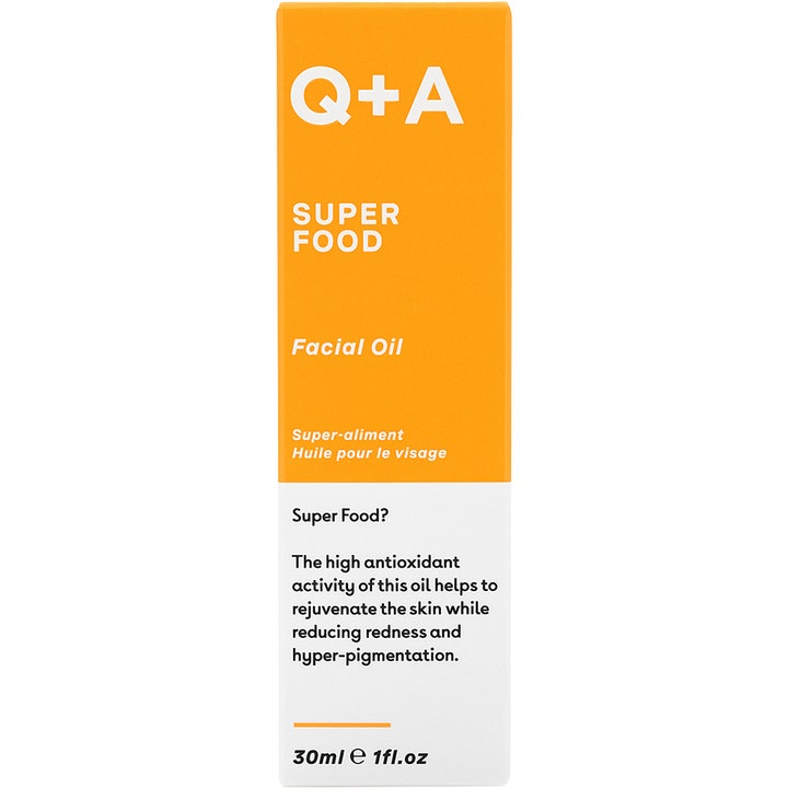 Q+A Super Food Facial Oil 30 ml nærende ansigtsolie i orange og hvid emballage der modvirker rødme