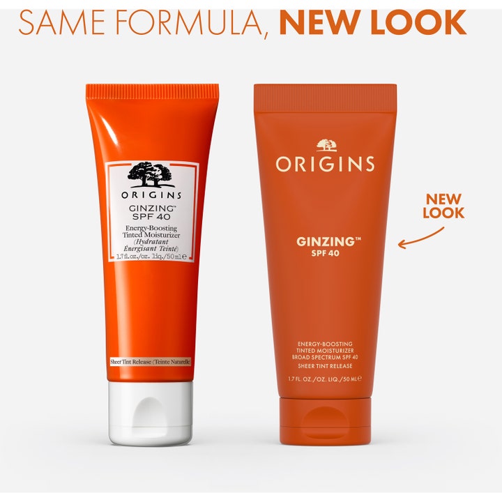 Origins GinZing SPF40 Energy-Boosting Tinted Moisturizer 50 ml tonet dagcreme viser nyt og gammelt emballagedesign