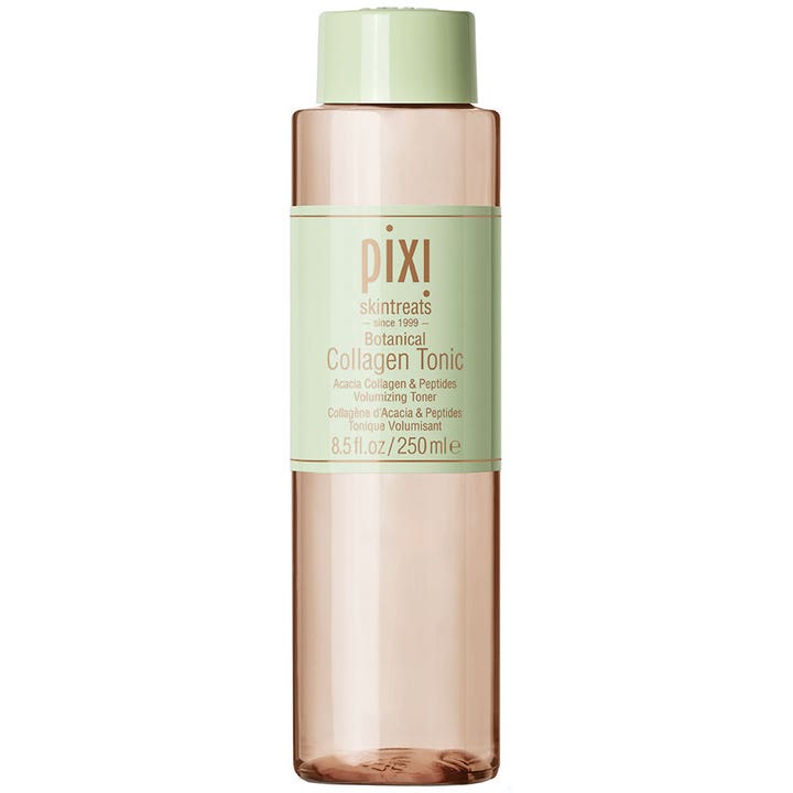 Pixi Botanical Collagen Tonic 250 ml opstrammende ansigtstoner i gennemsigtig ferskenfarvet flaske med lysegrønt låg.