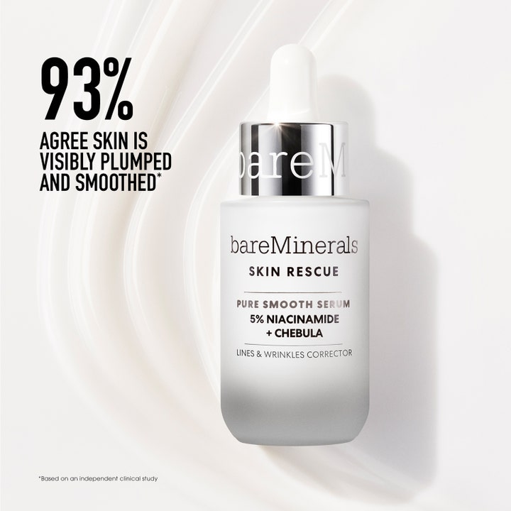 bareMinerals Skin Rescue Pure Smooth Serum 30 ml giver fylde med niacinamid og chebula i hvid frostet glasflaske