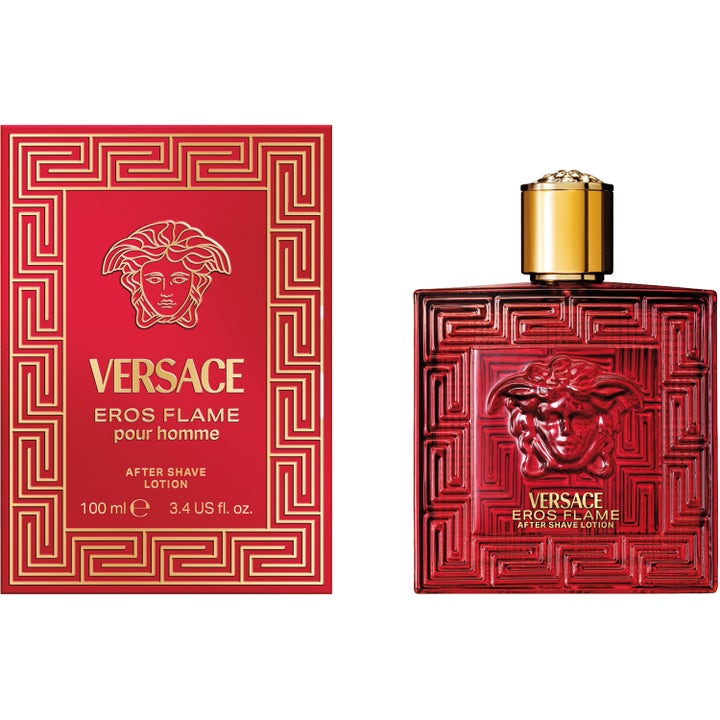 Versace Eros Flame After Shave Lotion 100 ml beroligende aftershave i rød glasflakon og æske med guldlogo