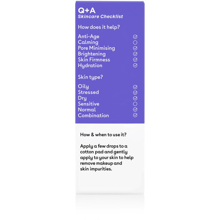 Q+A Glycolic Acid Daily Toner 100 ml ansigtsvand lilla emballage med tjekliste over hudtyper og fordele