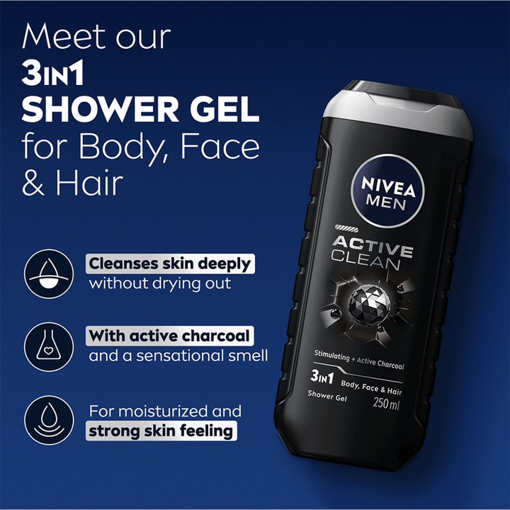 NIVEA MEN Active Clean 250 ml 3-i-1 showergel med aktivt kul i sort flaske der renser huden i dybden.