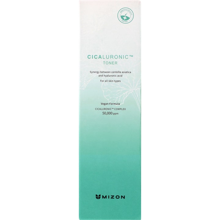 Mizon Cicaluronic Toner 150 ml beroligende toner i grøn og hvid æske med centella asiatica og vegansk formel