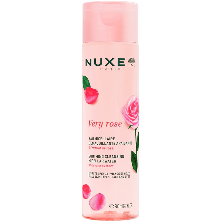 Nuxe Very Rose Soothing Cleansing Micellar Water 200 ml beroligende ansigtsrens i lyserød flaske med rosenblade