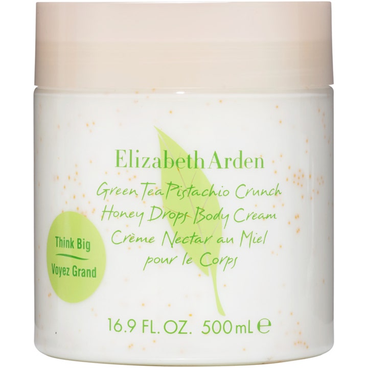Elizabeth Arden Green Tea Pistachio Crunch 500 ml kropscreme i krukke med beige låg og synlige små honningperler