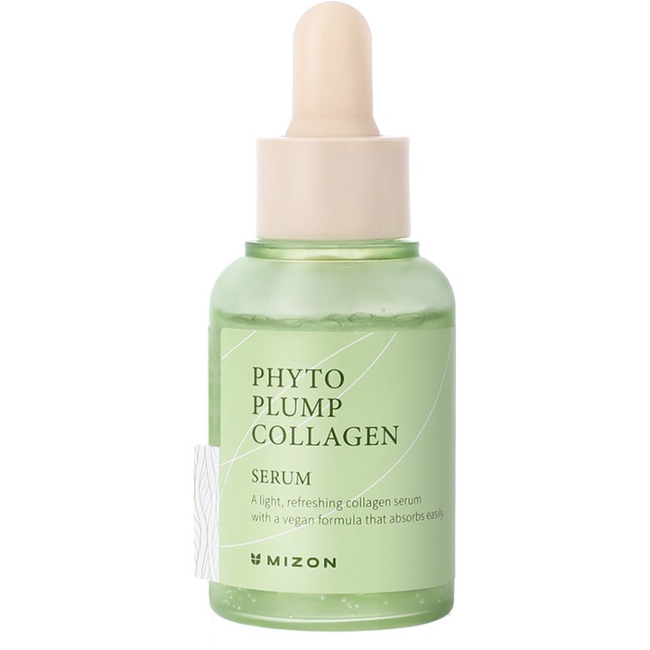 Mizon Phyto Plump Collagen Serum 30ml vegansk serum der giver fylde i grøn glasflaske med beige pipette.