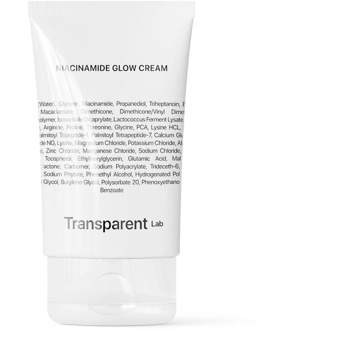 Transparent Lab Niacinamide Glow Cream 50 ml glødgivende ansigtscreme i en hvid tube med synlig ingrediensliste.