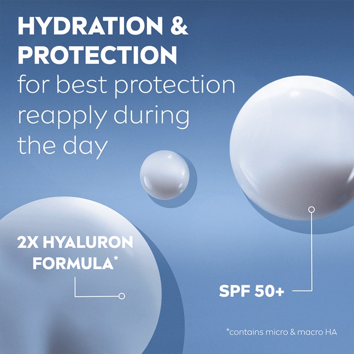NIVEA Cellular Expert Filler 30 ml UV fluid med SPF 50 og hyaluronsyre i hvide bobler på blå baggrund