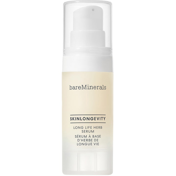 bareMinerals Skinlongevity Long Life Herb Serum styrkende anti-age hudpleje i hvid pumpeflaske med klart låg