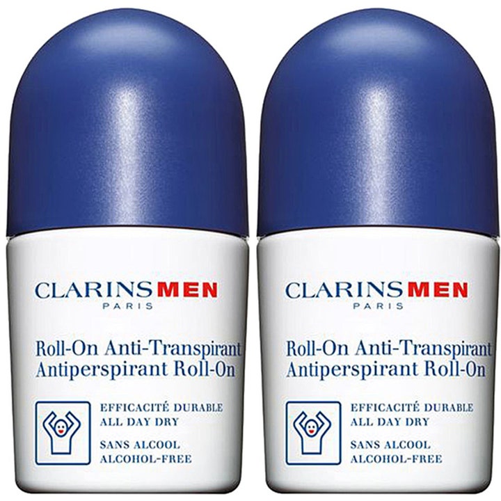 Clarins Men Roll-On Anti-Transpirant 2x50 ml alkoholfri deodorant i hvide flasker med blå låg