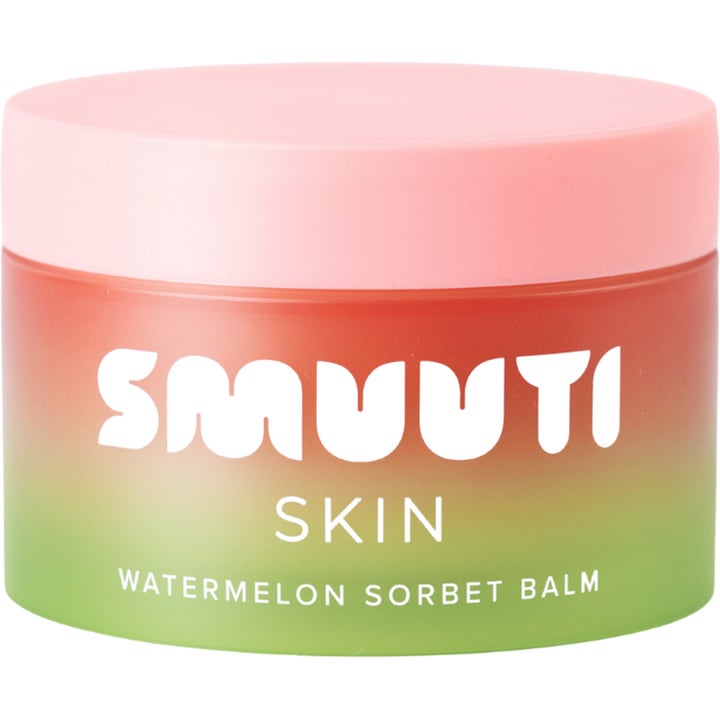 Smuuti Skin Watermelon Sorbet Balm fugtgivende balm i krukke med lyserødt låg og rød til grøn farveovergang.