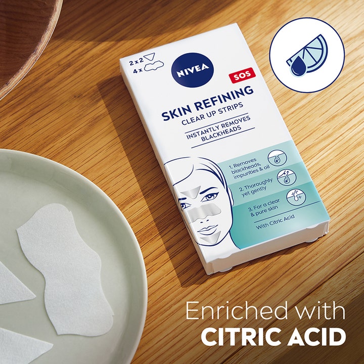 NIVEA Skin Refining Clear-Up Strips 6 stk fjerner hudorme med citronsyre vist som hvide strips på en tallerken