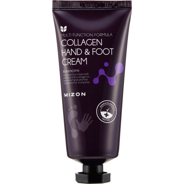 Mizon Collagen Hand & Foot Cream fugtgivende creme der giver elasticitet i mørklilla tube med sort skruelåg