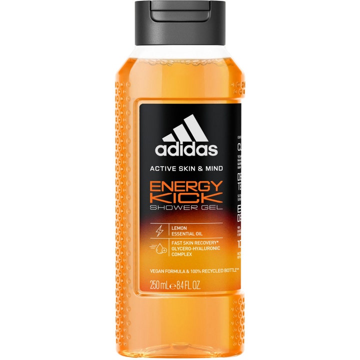 Adidas Active Skin & Mind Energy Kick 250 ml brusegel giver energi med citronolie i klar flaske med orange væske.