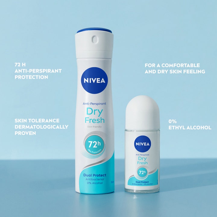 NIVEA Dry Fresh 50 ml roll-on og spray giver 72h beskyttelse og tør hudfølelse uden alkohol på blå baggrund
