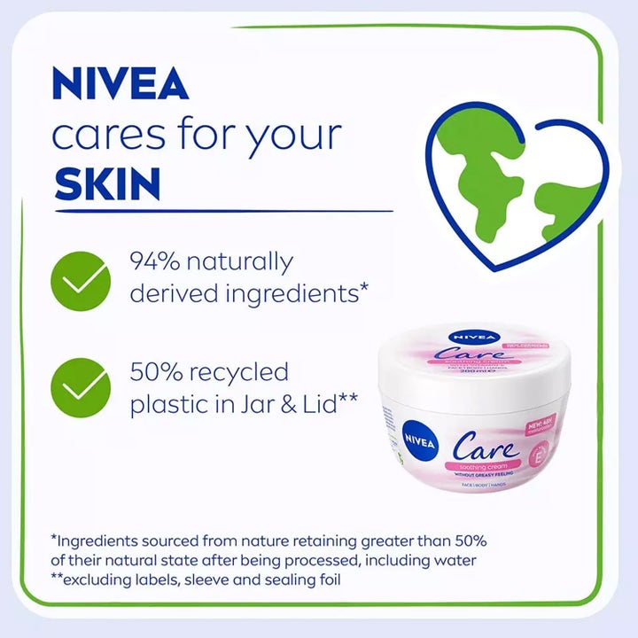 NIVEA Care Soothing Cream 200 ml beroligende kropscreme i krukke med info om naturligt indhold og genbrugsplast