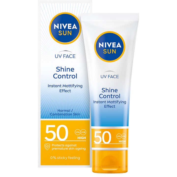 Nivea Sun UV Face Shine Control SPF 50 ansigtssolcreme giver mat effekt i hvid tube og æske med blå detaljer