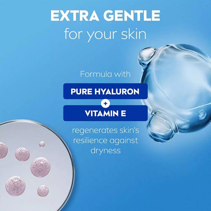 NIVEA Derma Control Restore Sensitive Shower 250 ml mild duschtvål med hyaluron og vitamin E mod tør hud på blå baggrund