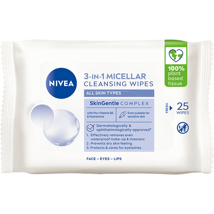 NIVEA 3-i-1 Micellar renseservietter 25 stk fjerner vandfast makeup i hvid plastemballage med blå detaljer.