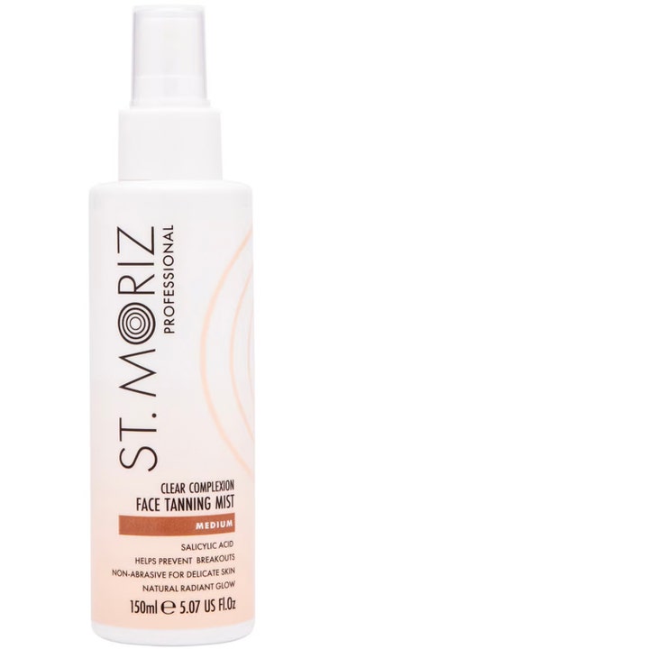 St. Moriz Clear Complexion Face Tanning Mist 150ml giver naturlig glød i hvid sprayflaske med orange detaljer