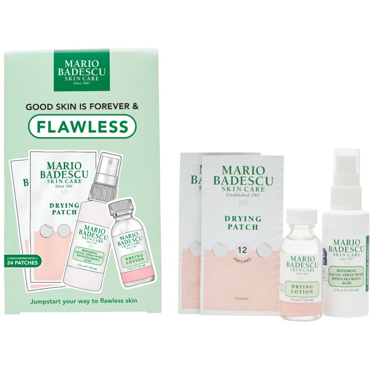 Mario Badescu Good Skin Is Forever & Flawless sæt mod urenheder med Drying Lotion spray og patches ved lysegrøn æske