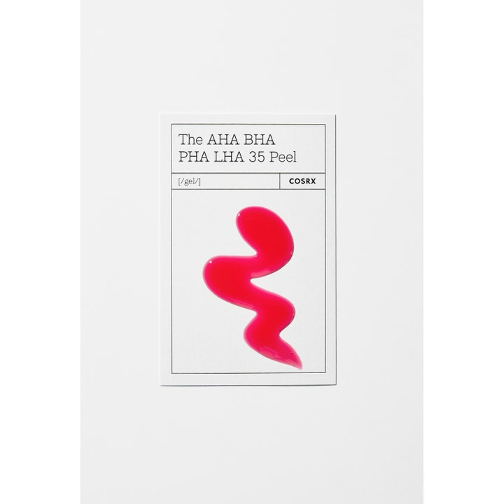 COSRX The AHA BHA PHA LHA 35 Peel 30 ml eksfolierende ansigtsskrub med en klar pink gelkonsistens.