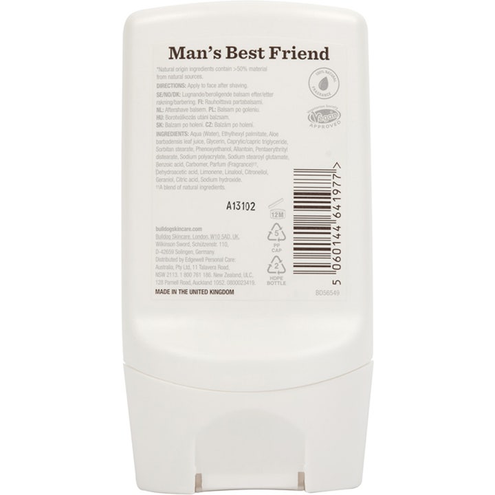 Bulldog Original After Shave Balm 100 ml beroligende efterbarbering på hvid flaske bagside med vegansk logo
