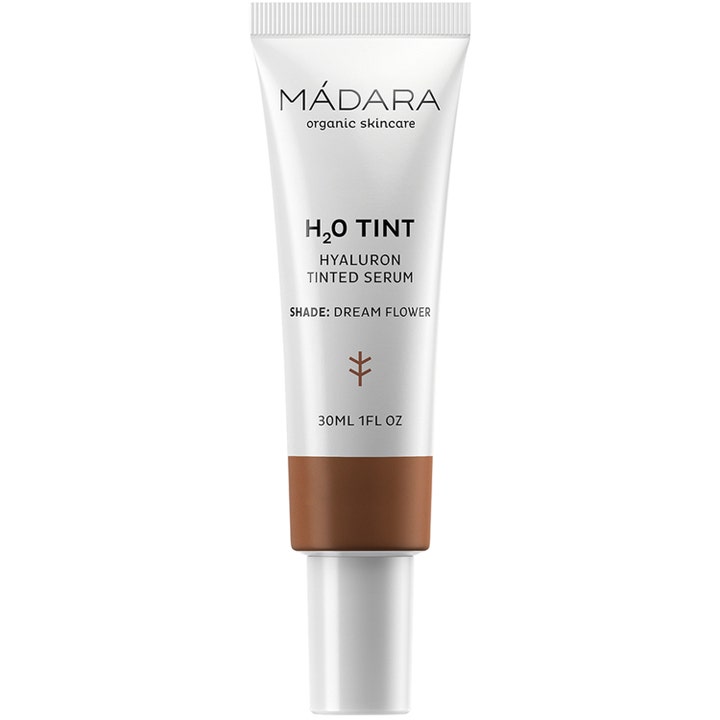 Mádara H2O Tint Hyaluron Tinted Serum 30 ml fugtgivende serum i hvid tube med brun farveindikator og hvidt låg