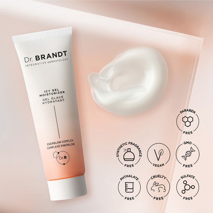 Dr Brandt iD-STRESS Fatigue Fighting Eye Gel 15 g øjencreme med hvid geltekstur og veganske symboler