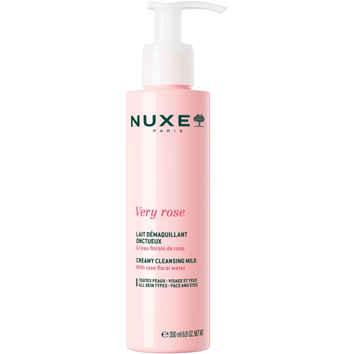 Nuxe Very Rose Creamy Cleansing Milk 200 ml beroligende rensemælk i lyserød plastflaske med hvid pumpe