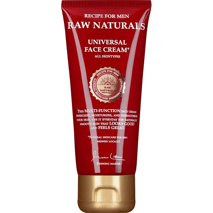 Raw Naturals Universal Face Cream styrkende ansigtscreme i en rød tube med et elegant bronzefarvet vippelåg.