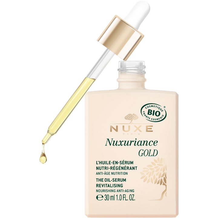 Nuxe Nuxuriance Gold Gold Serum 30 ml nærende anti-aging serum i beige flaske med pipette og en gylden dråbe