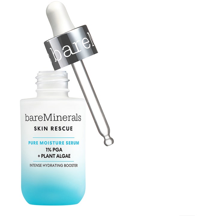 bareMinerals Skin Rescue Pure Moisture Serum 30ml fugtgivende serum i blå og hvid glasflaske med sølvfarvet pipette