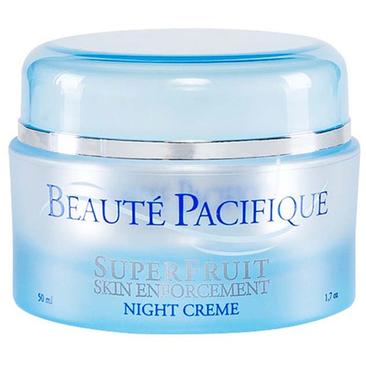 Beauté Pacifique SuperFruit Skin Enforcement 50 ml natcreme i lyseblå krukke der bekæmper fine linjer.
