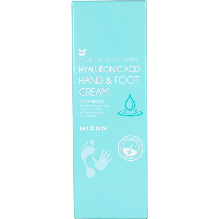 Mizon Hyaluronic Hand and Foot Cream 100 ml fugtgivende håndcreme og fodcreme i lyseblå æske med hvide ikoner.