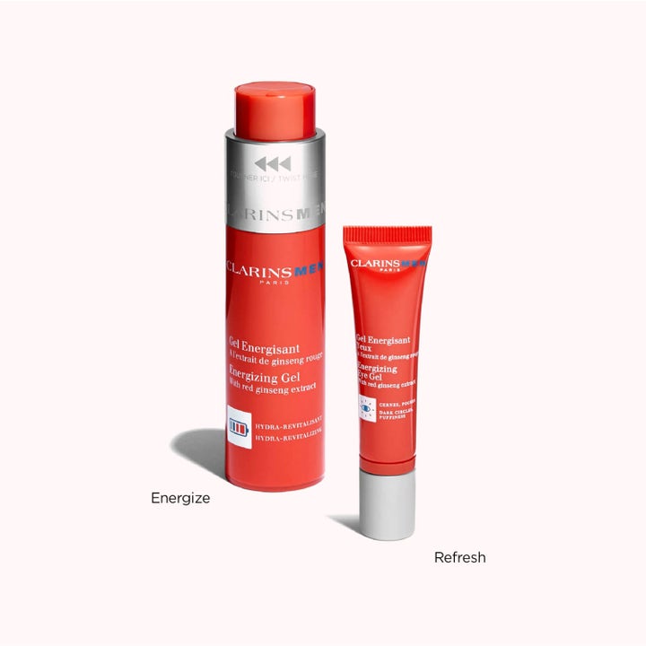 Clarins Men Energizing Gel 50 ml opfriskende ansigtsgel og øjengel i røde tuber med ginseng