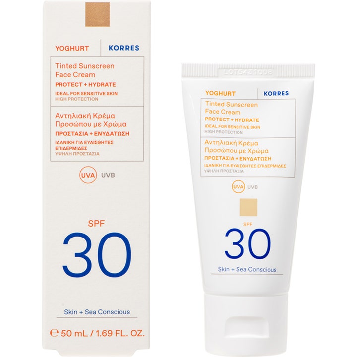 KORRES Yoghurt Tinted Sunscreen Face Cream 50 ml fugtgivende solcreme til ansigtet i hvid tube og æske med SPF 30