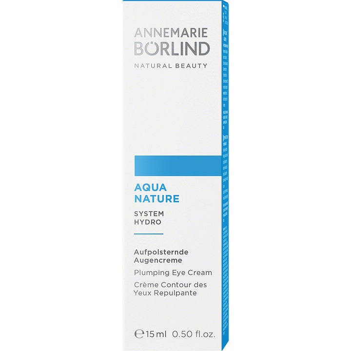 Annemarie Börlind Aquanature Plumping Eye Cream 15 ml fugtgivende øjencreme i hvid og blå papiremballage