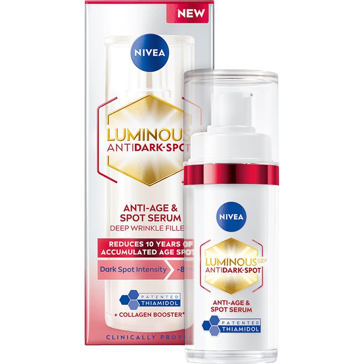 Nivea Luminous 630 Anti-Age & Spot Serum mod mørke pletter i hvid pumpeflaske med rød detalje og guldlogo