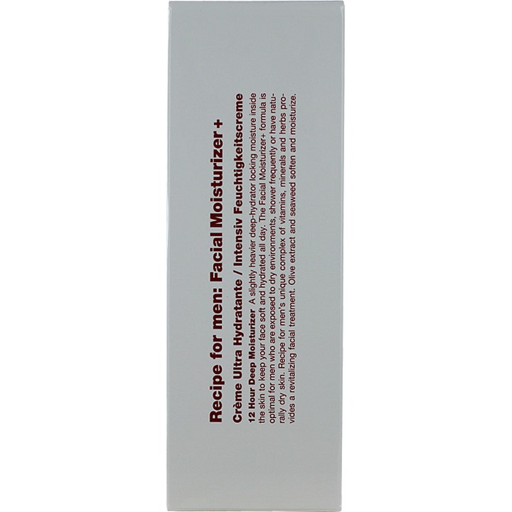 Recipe for men Facial Moisturizer + 75 ml fugtgivende ansigtscreme emballage med tekst om 12 hour deep moisturizer