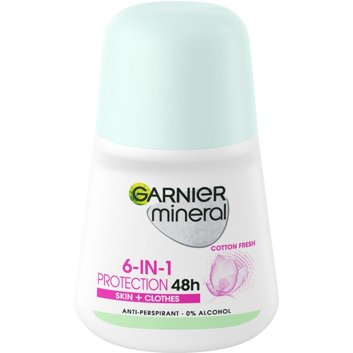 Garnier Mineral 6-in-1 Protection 48h 50 ml roll-on deodorant i hvid emballage med mintgrønt låg og pink blomst.